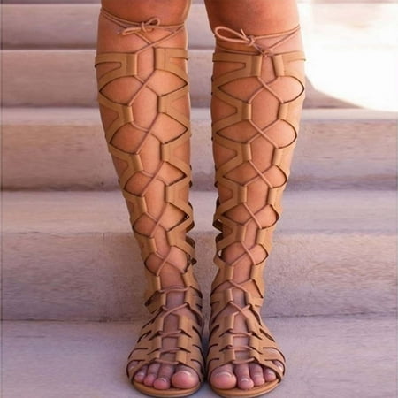 

jsaierl Women s Crisscross Strappy Flat Knee-High Gladiator Sandal Tie Up Roman Beach Travel Ring Toe Sandals