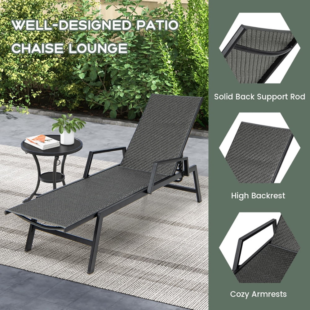 Aimee Lii Outdoor Rattan Chaise Lounge Reclining Chair with Armrests and 5-Position Backrest, Patio Loungers, Brown