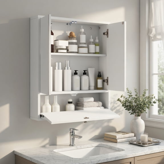 Topcobe Double Door Wall-Mounted Bathroom Mirrored Medicine Cabinet, Bathroom Vanity Mirror with Storage, Bathroom Furniture, White