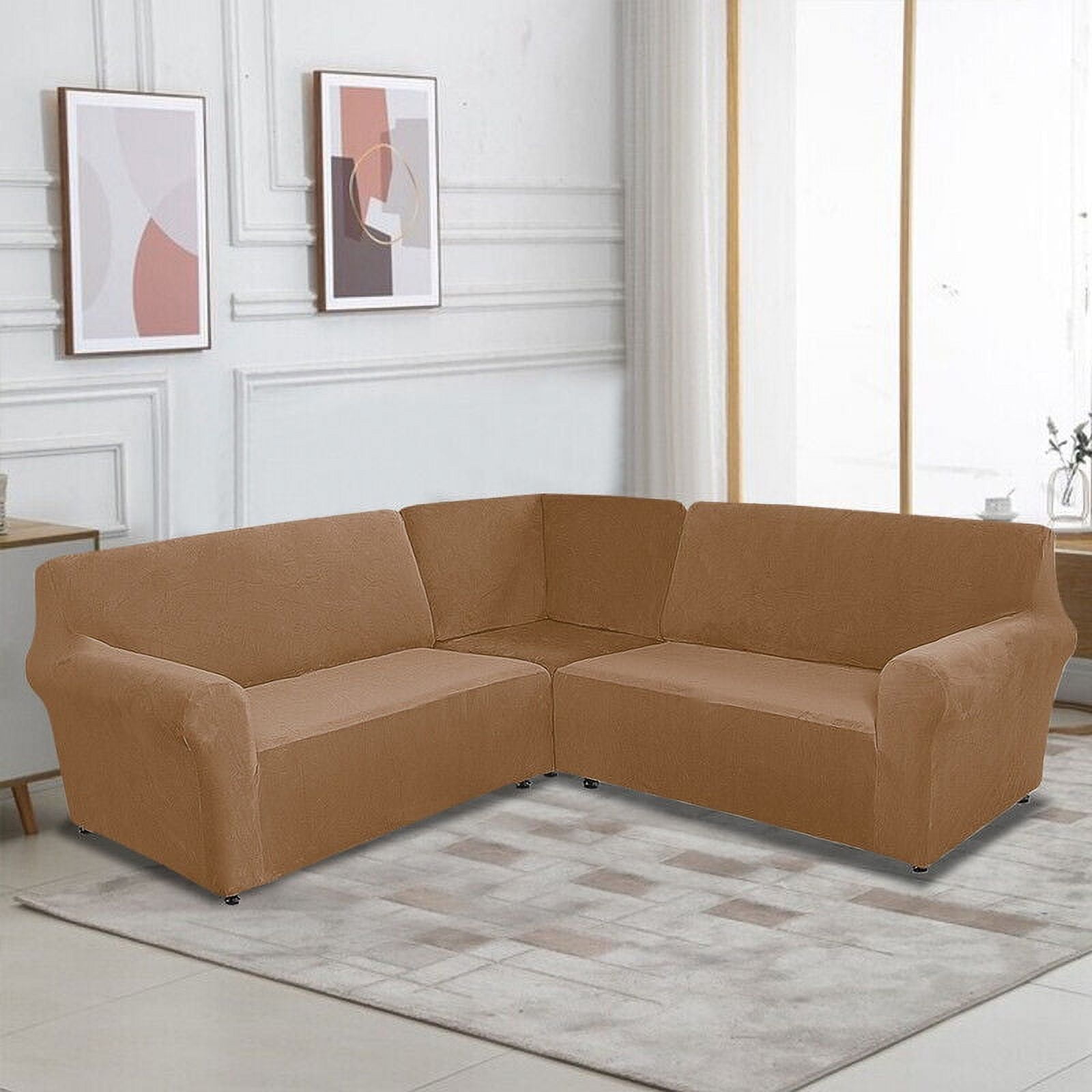 TOPCHANCES 3-Piece Velvet Recliner Sofa Covers, 7 Seat L-Shaped Corner Sofa Covers, Stretch Sectional Couch Slipcover ( Leather Brown )