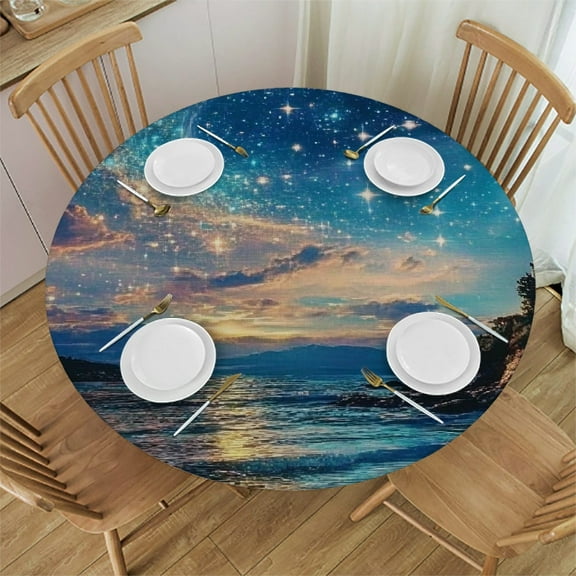 Patifu Stars Moon Round Tablecloth Stain-Resistant Washable Indoor Outdoor Restaurant Wedding Party Tablecloth Waterproof Fabric Home Decor 31"-35