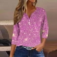 thumbnail image 2 of Feancey Women's Henley Tops 3/4 Sleeve Loose Tunics Trendy Sequin Print Button V Neck Blouse Dressy Casual Going Out Tee Shirt Pink M, 2 of 6