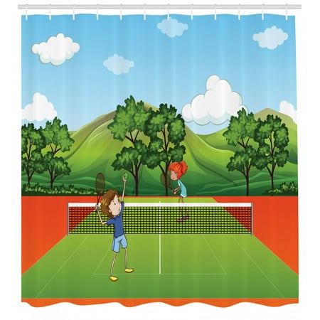 Kids Sports Shower Curtain, Siblings Little Friends Playing Tennis Fun Time in Park Exercise with Buddies, Fabric Bathroom Set with Hooks, 69W X 70L Inches, Multicolor, by