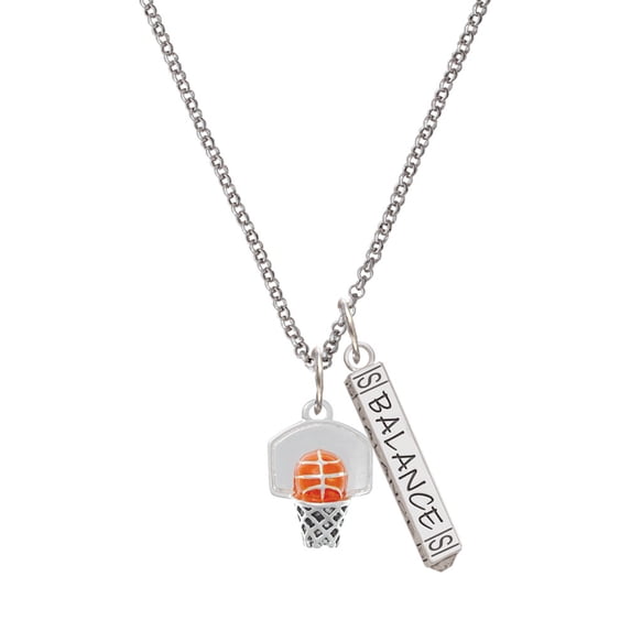 Delight Jewelry Silvertone 3-D Enamel Basketball in Hoop Silvertone Balance Bar Charm Necklace, 23"