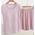 thumbnail image 4 of WRKEKC Summer Pajama Set for Women Soft Striped Knit Round Neck Short Sleeve and Shorts Set Casual Sleepwear for Summer, 4 of 6