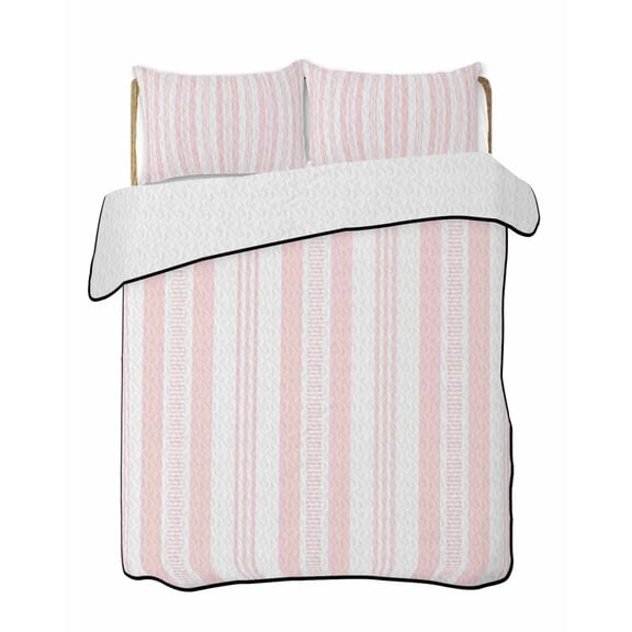 Quilts Full Size Bedding Set, Pink Striped Lightweight Quilted Comforter, Modern Farmhouse Geometric Thine Stripes Soft Reversible Bedspread Coverlet with Pillow Covers for All Season, 78" x 90"