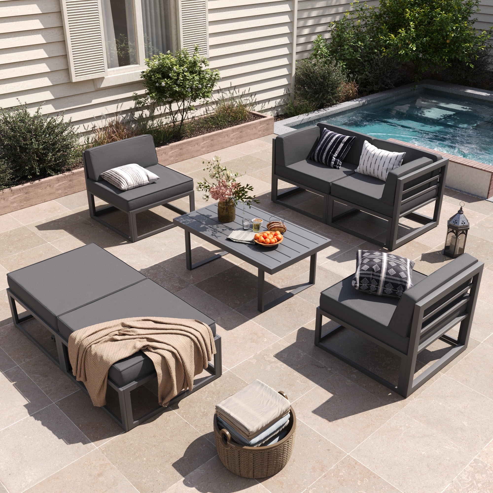 ELPOSUN Aluminum Patio Furniture Set, 7 Piece Modular Oversized Outdoor Sectional of Olefin 5 inch Thick Cushion, Coffee Table and Waterproof Cover, Patio Conversation Sets for Porch, Deck