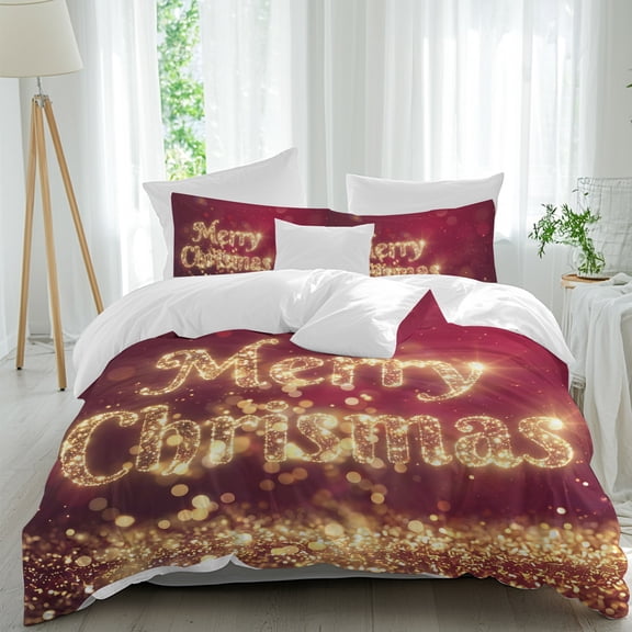 Duvet Cover Twin Size 3 Piece Bedding Set, Shining Merry Christmas Quote Soft Breathable Comforter Cover with 2 Pillow Shams, Burgundy Red Back Luxury Duvet Covers with Zipper Closure