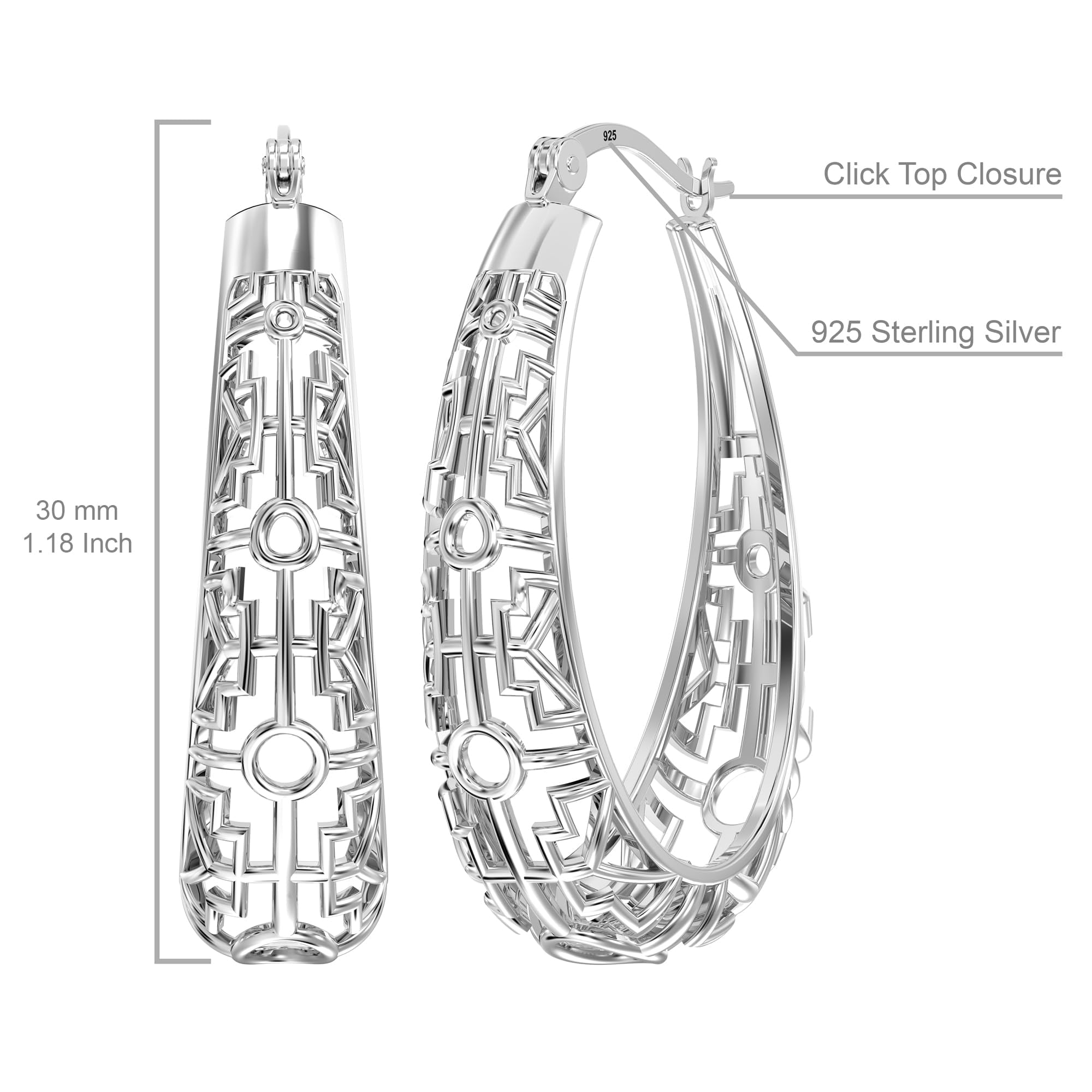 LeCalla 925 Sterling Silver Hoop Earrings for Women Mesh Filigree Oval Hoops Click-Top Earrings 30MM
