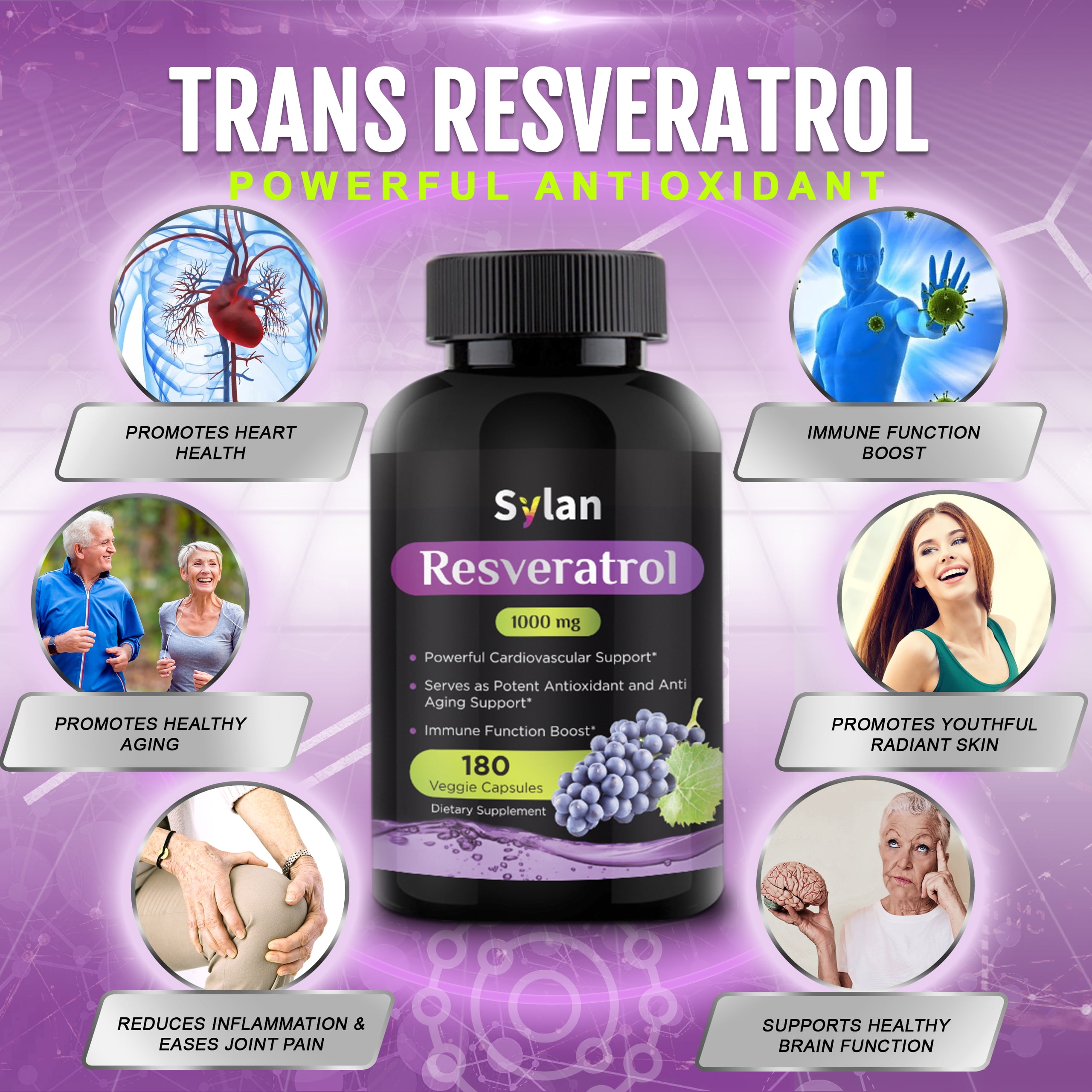 Sylan Trans Resveratrol Supplement 1000mg Polyphenols Supplement 180 Capsules Veggie Non-GMO Made in USA