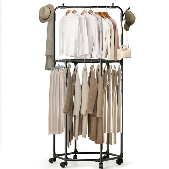 Riousery Rolling Garment Rack with Wheels, Double-Layer Rotating Clothes & Coat Organizer with Hat Hooks, Multi-Functional Clothing Storage for Bedroom or Closet