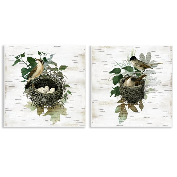 Stupell Industries Rustic Vintage Bird Nests Animals Painting Unframed Art Print Wall Art, 12 x 12, Set of 2