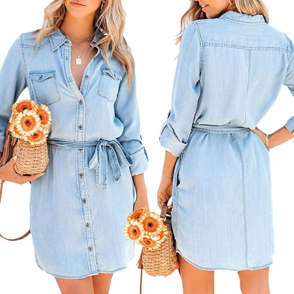Women Casual Long Sleeve Short Denim Dress Solid Color Button-Down Lapel Shirt Dress with Belt Mini Jean Dress