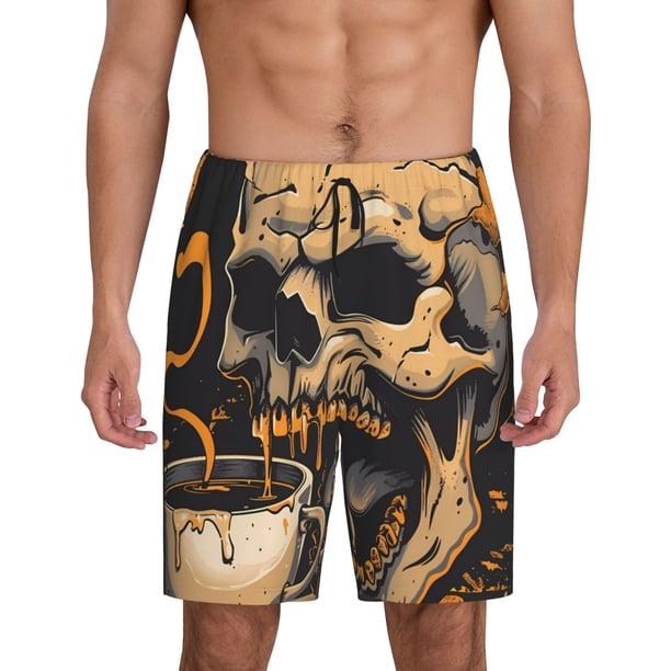 Balery Grim Coffee Skull Pantalones cortos de pijama de punto de algodón para hombre con cinturilla y bolsillos-Medium