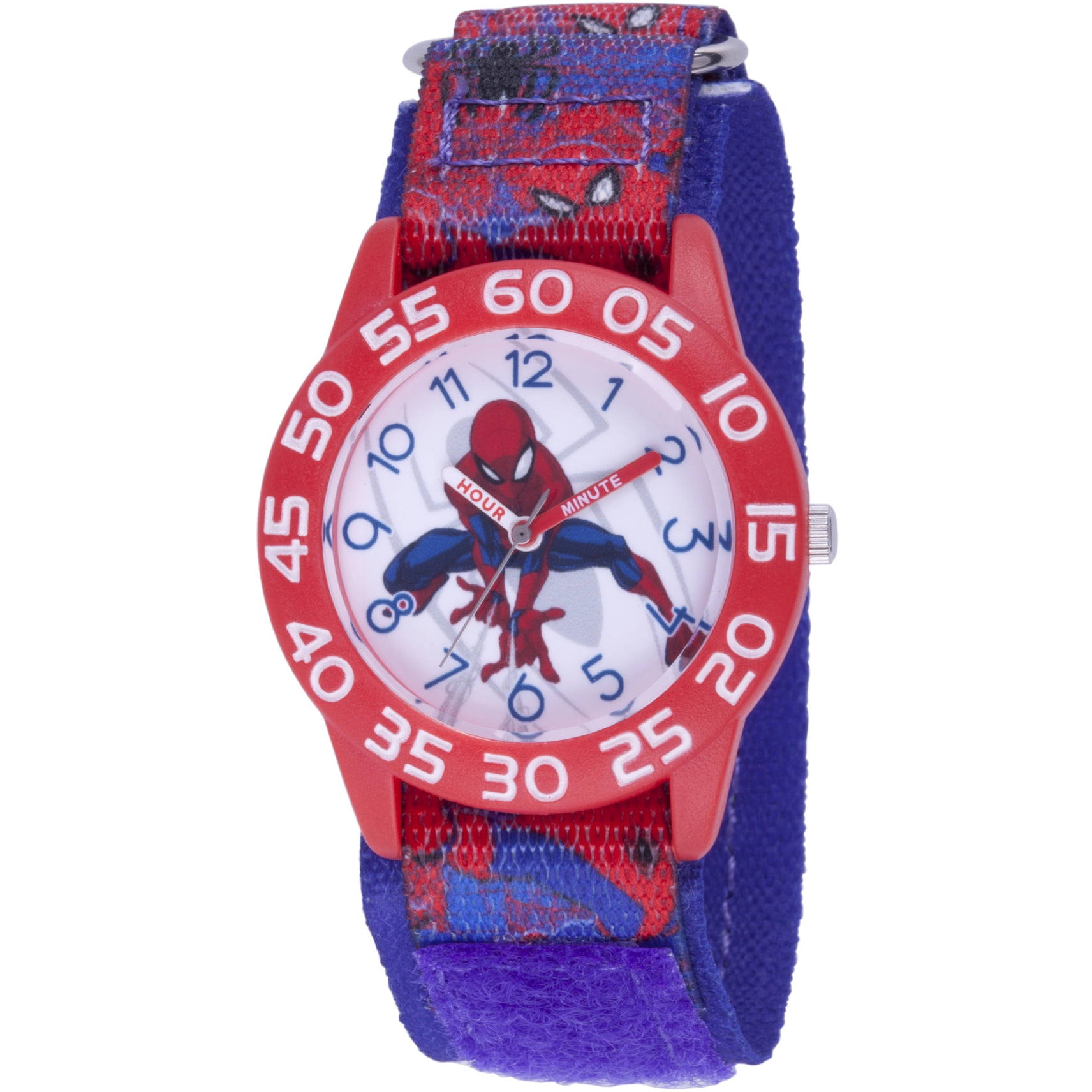 Spider-Man Boys' Red Plastic Time Teacher Watch, Red Spider Man Nylon Strap with Blue Backing