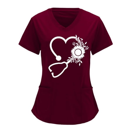 

Valentine s Day Scrubs Tops for Women Plus Size Short Sleeve V Neck Printed Nursing Uniform Holiday Scrub Shirts
