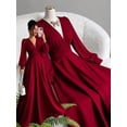 thumbnail image 3 of Women Deep V Neck Long Sleeve Maxi Gown, Ruched Waist A Line Flared Formal Dress, Elegant Party Wedding Guest Dress, 3 of 4