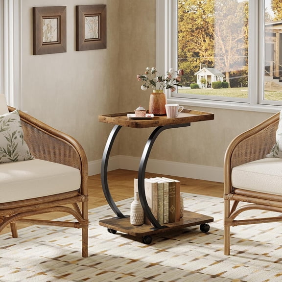 Tribesigns 2-Tier C-Shaped End Table, Industrial Wood Side Table with Wheels & Metal Frame, Bedside Snack Couch Table for Living Room