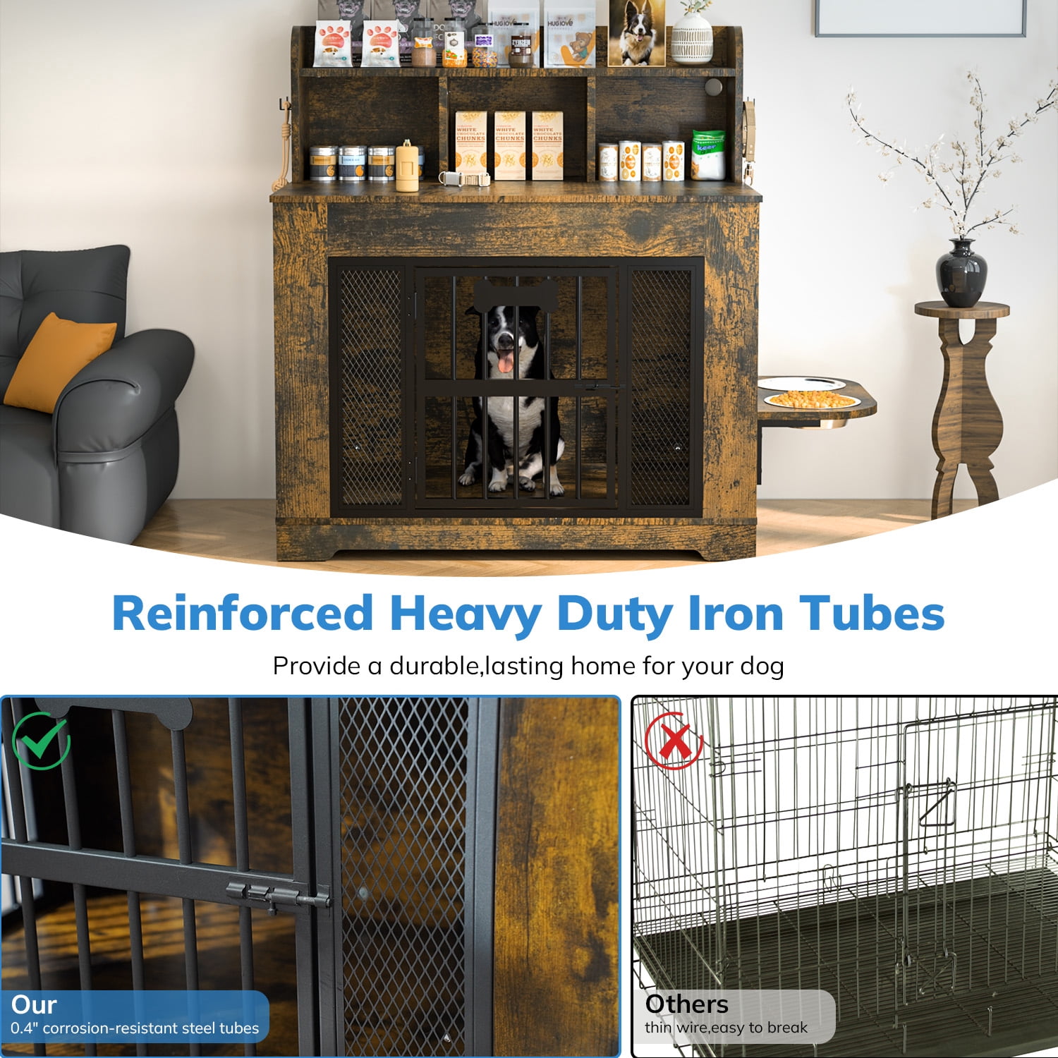 Behost 34" Dog Crate Furniture for Small /Medium Dogs with LED Light Feeding Bowls, Dual-Layer Storage, Decorative Dog Kennel for Indoor ,Rustic Brown
