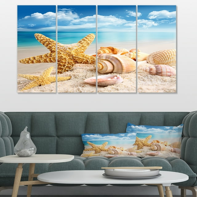 Starfish and Seashells on Beach - Seashore Photo Canvas Art Print