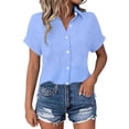 thumbnail image 3 of Rvasteizo Womens Tops Solid Short Sleeve Turn Down Collar Side Slit Pocket Button Front Light Breathable Summer Ladies Daily Casual Shirt, 3 of 5