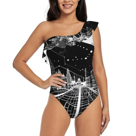 Lukts Futuristic Moonlit Cityscape Women One Piece Swimsuits Tummy Control One Shoulder Bathing Suits Ruffle Swimwear-Medium