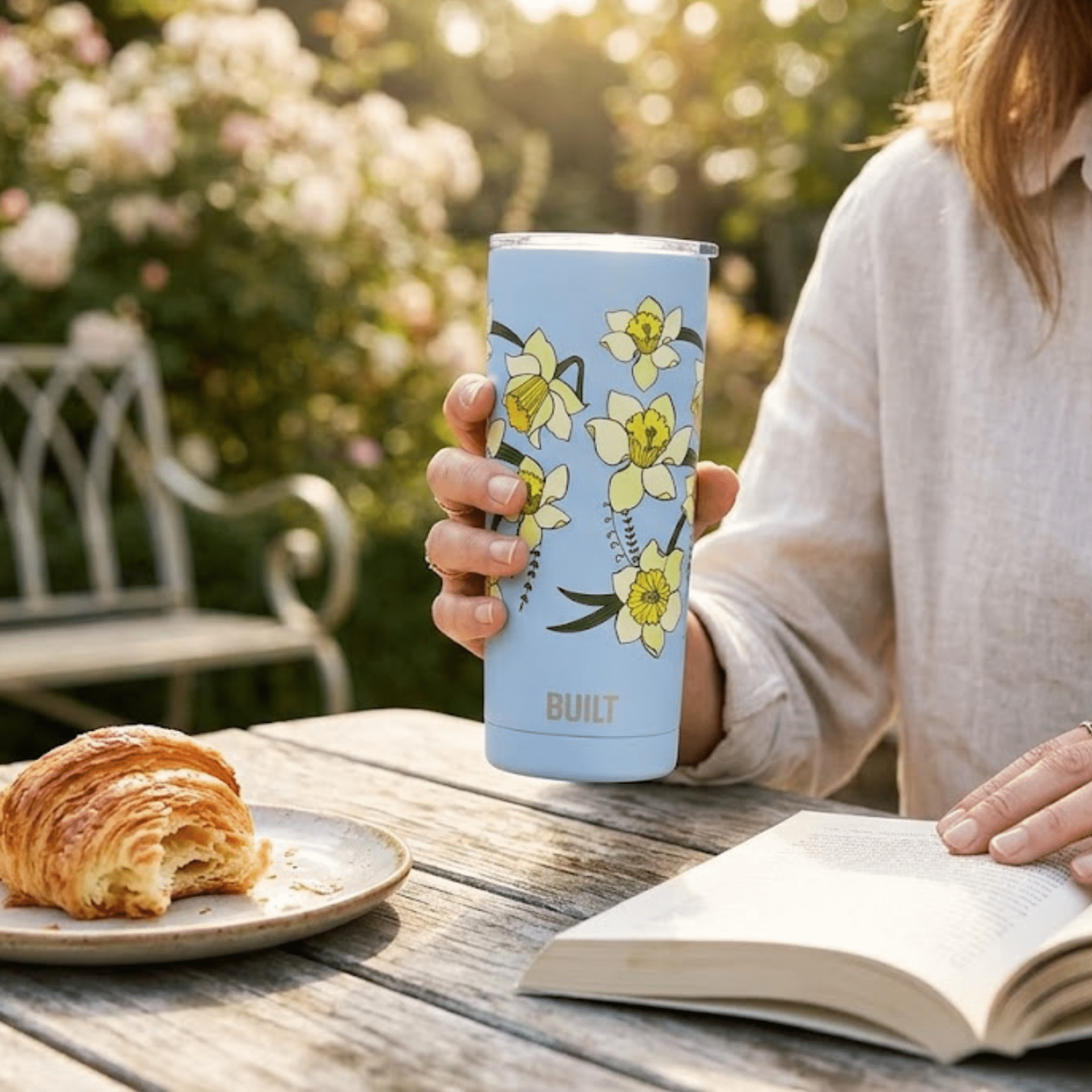 BUILT Double Wall Stainless Steel 20 oz Tumbler Cerulean Blue with Yellow Floral
