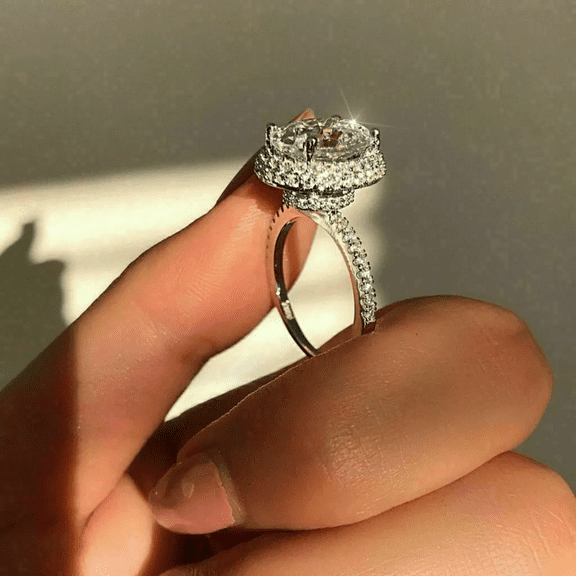 Oval Diamond Cluster Engagement Ring in 925 Sterling Silver- Wedding Halo Ring