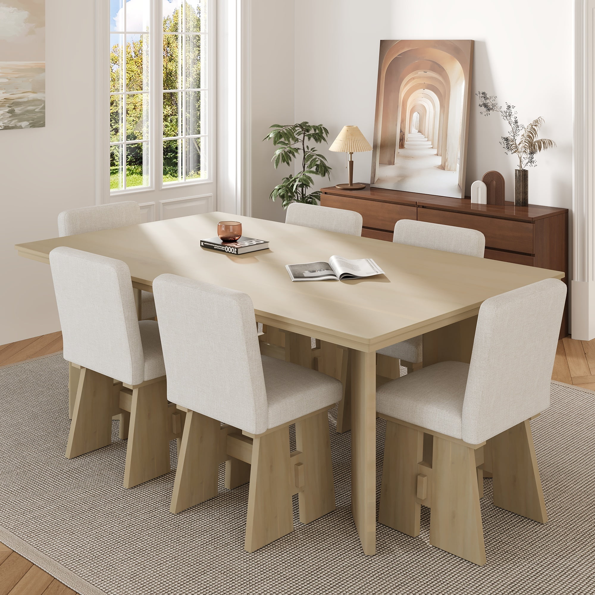 Euroco 7-Piece Dining Table Set for 6, 63.4" Wood Kitchen Table Set with Wood Frame and 6 Upholstered Dining Chairs,Kitchen Table Chairs Set for Dining Room Apartment,Natural