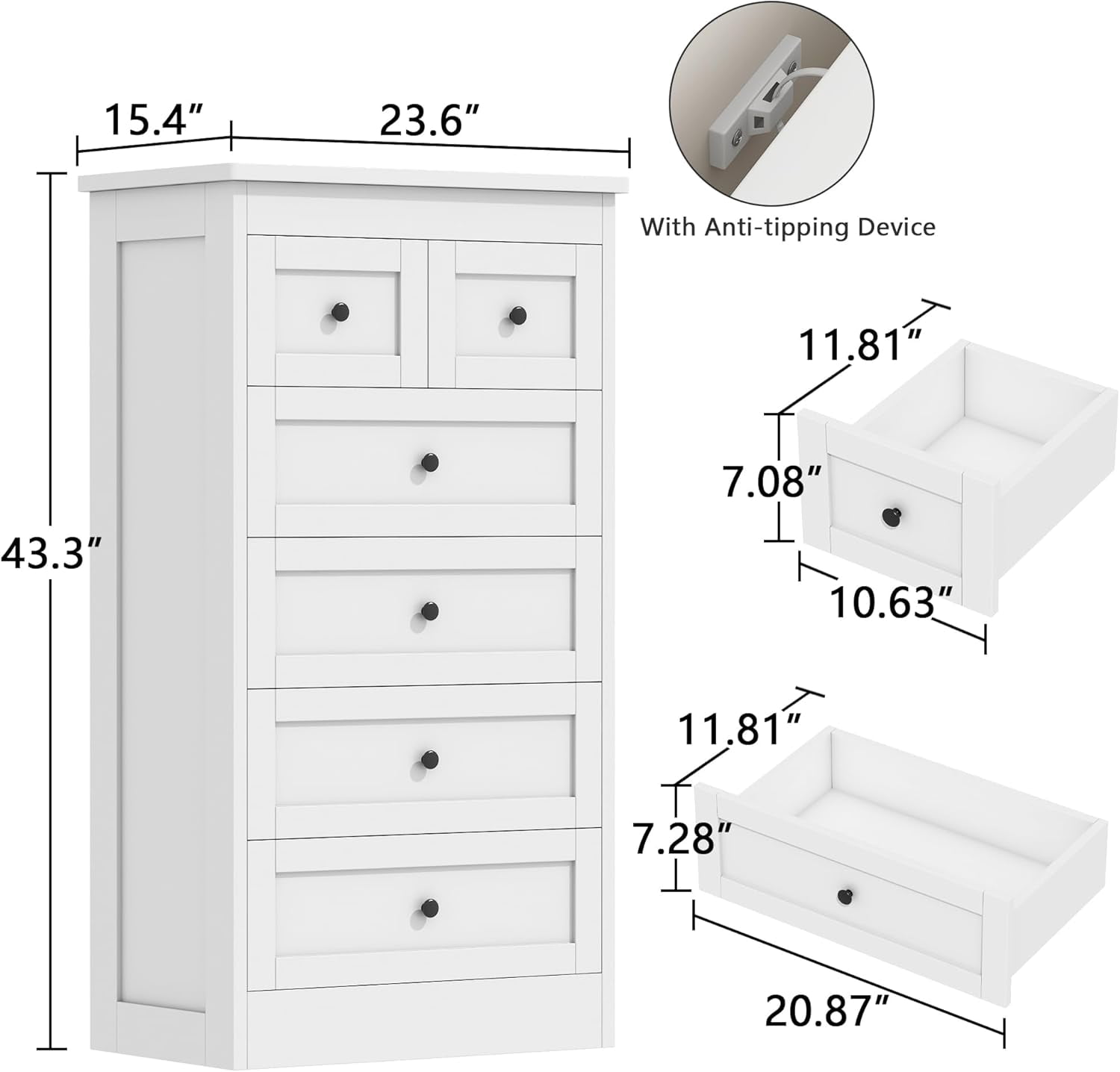 Pipleo White Dresser Tall 6 Drawer Dresser for Bedroom, 43.3" Modern Farmhouse Wood Chest of Drawers, Storage Organizer with Smooth Metal Rails & Anti-Tip Kit for Hallway, Closet, Living Room
