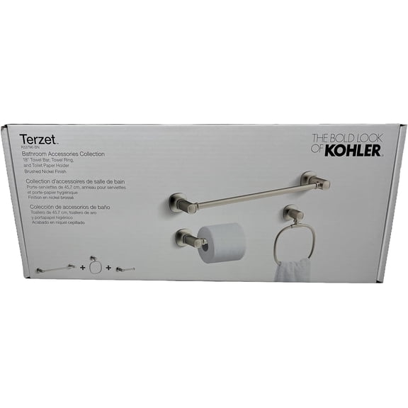 Kohler Terzet Three Piece Bathroom Accessory Set Towel bar, ring and Toilet Paper Holder Brush Nickel Finish