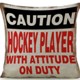 thumbnail image 1 of Caution Hockey Player Linen Throw Pillow, 1 of 1