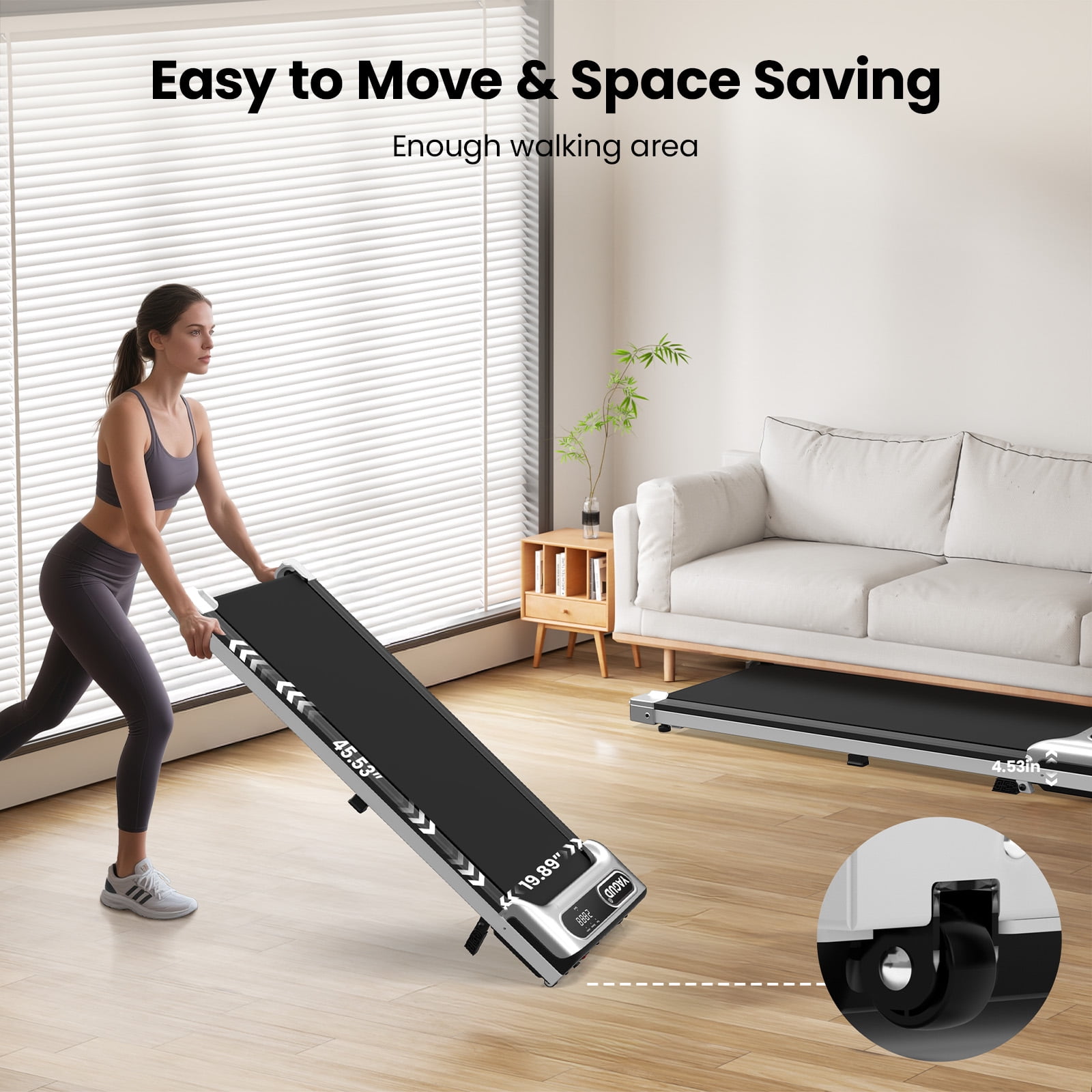 Yagud Walking Pad Under Desk Treadmill with 8°Incline and Wheels for Home and Office, 2.5 HP Portable Walking Jogging Running Machine with Remote Control and LED Display, Silver
