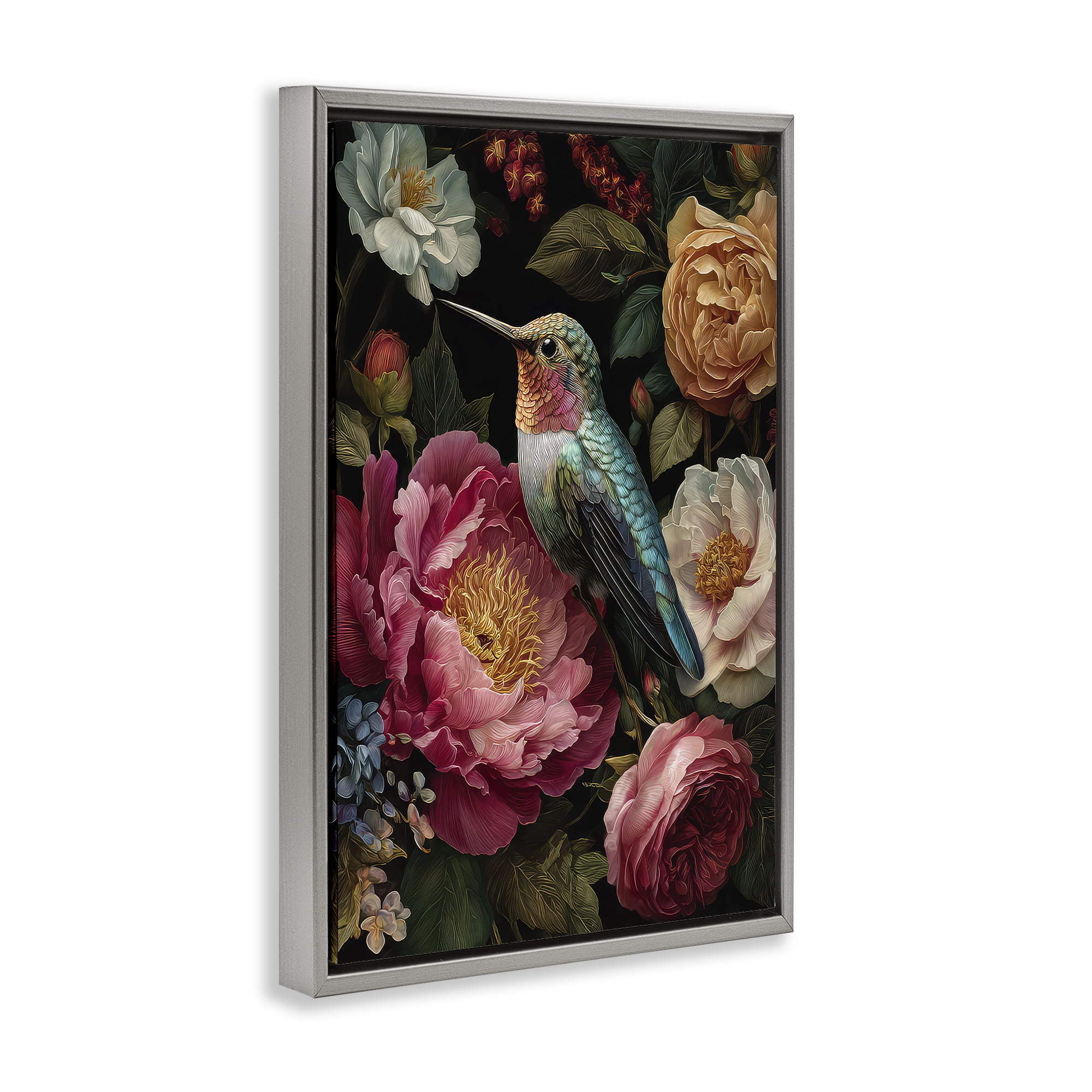 Stupell Industries Hummingbird & Lush Blooms Gray Framed Floater Canvas Wall Art, design by The Wands Want
