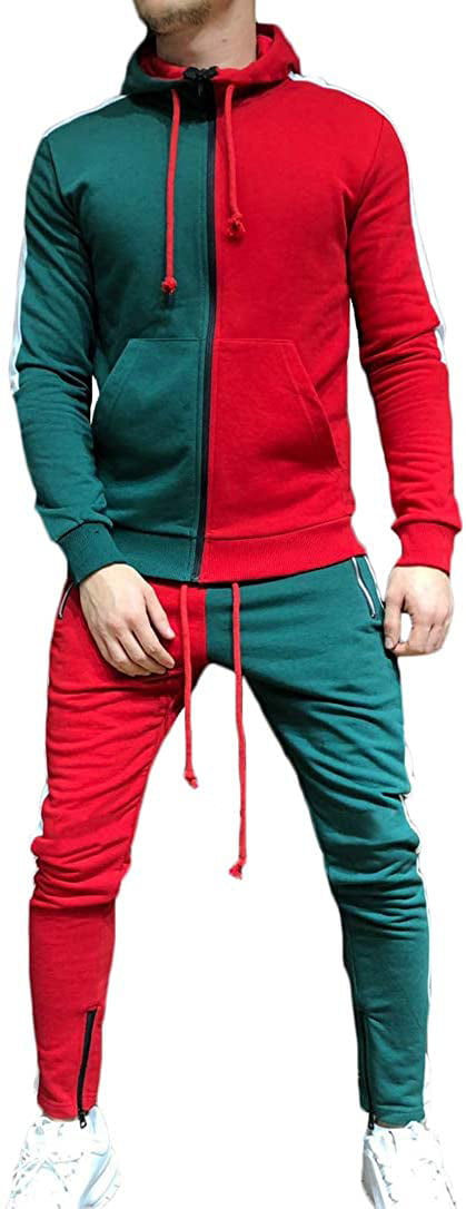 Mens Tracksuit Set Stripe Sweatshirt Jogger Sweatpants Solid Patchwork Warm Sports Suit 