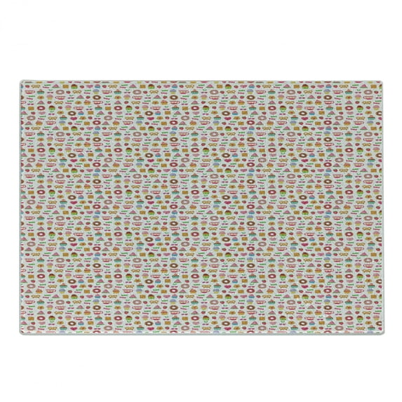 Dessert Cutting Board, Confectionary Pattern of Pretzels and Candies on Pinky Polka Dotted Background, Decorative Tempered Glass Cutting and Serving Board, Small Size, Multicolor, by Ambesonne