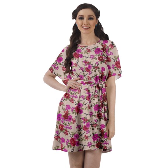 Moomaya Printed Jewel Neck A-Line Women Dress Casual Loose Bohemian Short Tunic