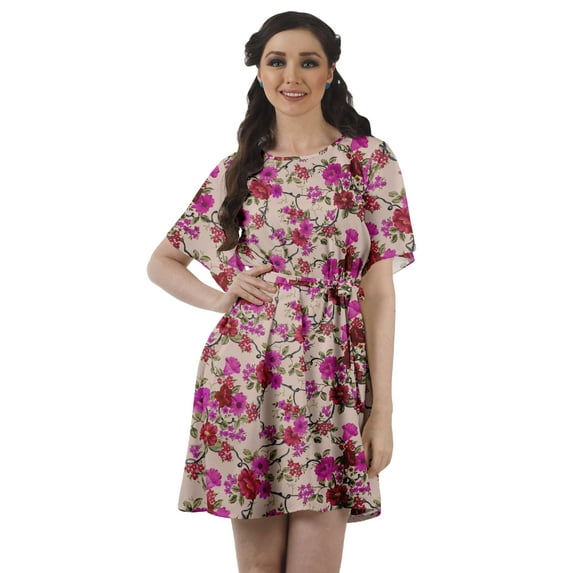 Moomaya Moss Georgette Bell Sleeves Short A-Line Printed Summer Dress For Women