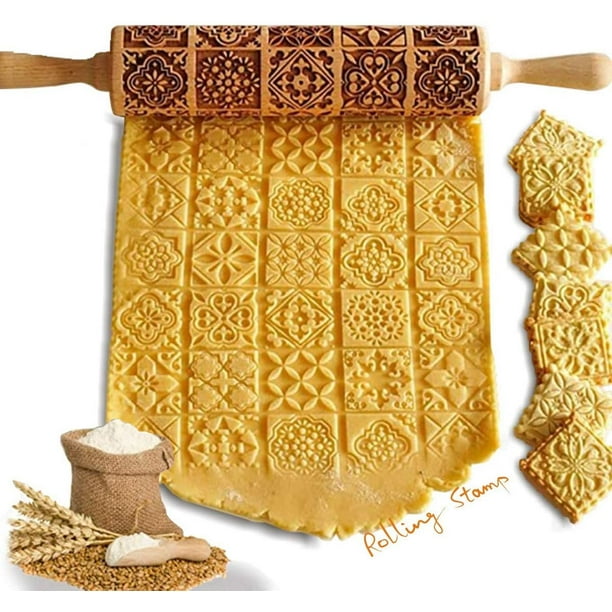 Cookie Stamp Roller Press Biscuit Maker Wooden with Vintage and