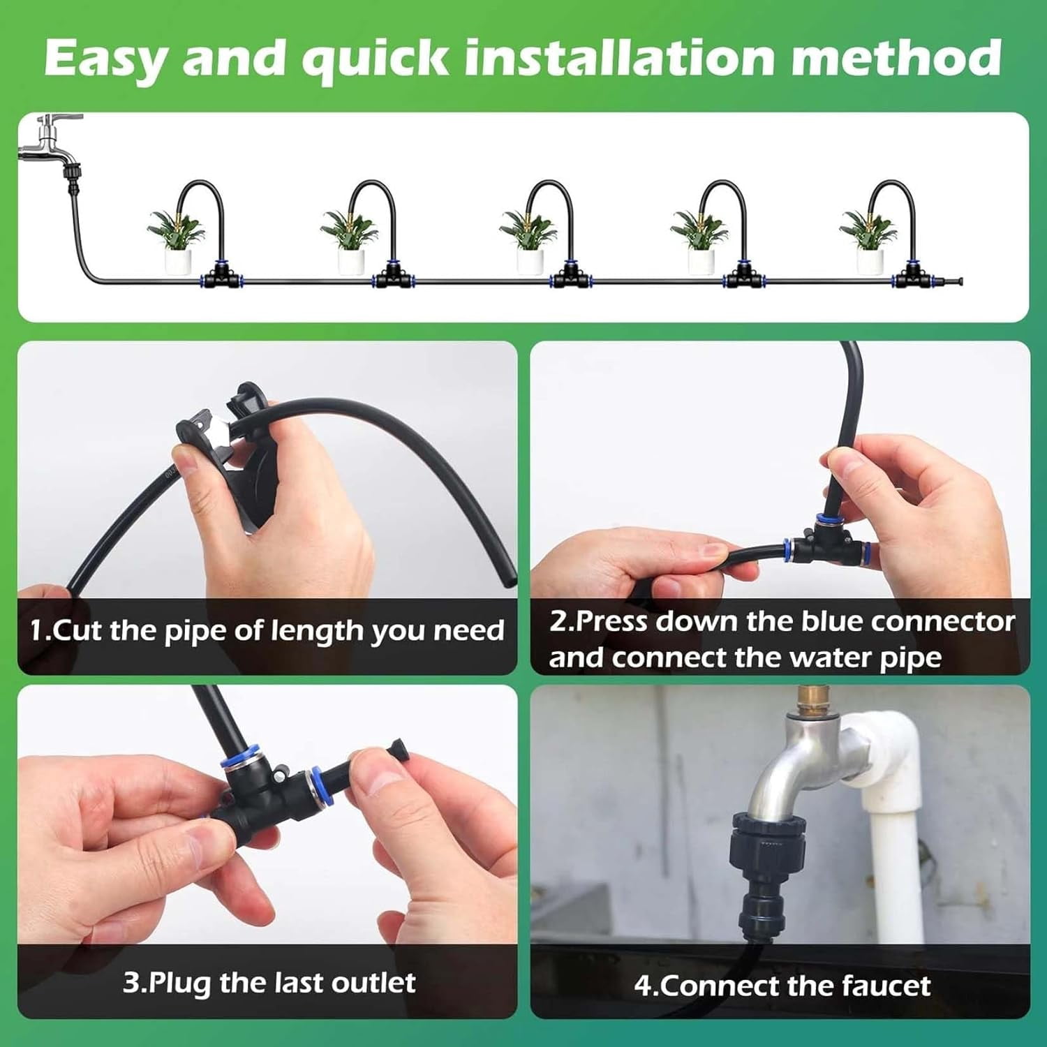 Drip Irrigation Kit with 360° Flexible Hose, Automatic Watering System for Potted Plants, Garden Watering System with 360° Bendable Misting Nozzles, 3 Adjustable Flow Settings