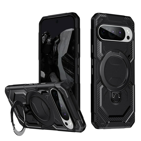 Allytechgroup Magnetic Case for Google Pixel 9 / 9 Pro, Support Wireless Charging Rugged Heavy Duty Durable Cover Case with Kickstand Shockproof Back Cover for Google Pixel 9 / 9 Pro, Black