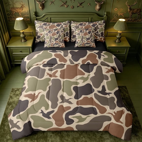 meiyoeat Classic Camo Mallard 7pcs Queen Bedding For Adults,Vintage Camouflage Print Bedding Comforter Set Queen For Boys, Earth Tone,Black Reversible