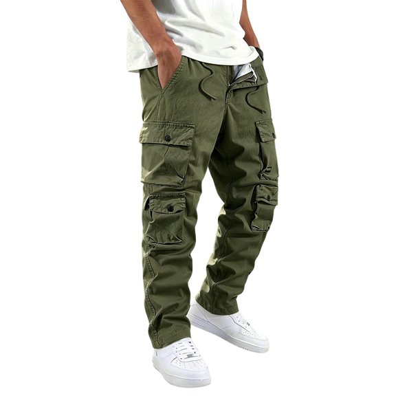 Men Cargo Pants Straight Leg Multi Pocket Casual Trousers Drawstring Waist Relaxed Fit,30,Green