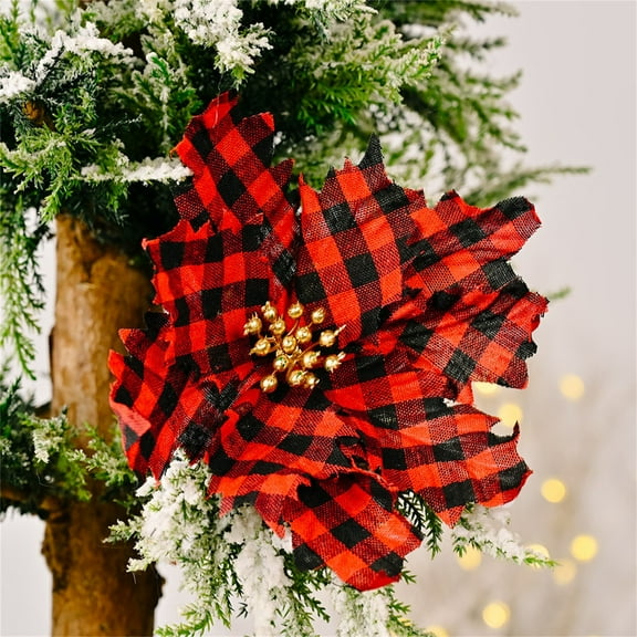 Camnix Buffalo Plaid Poinsettias Christmas Tree Ornaments Artificial Christmas Flowers with Glitter Powder for Christmas Tree Wreaths Garland Holiday Decorations 7.9 Inch (Red and Black)
