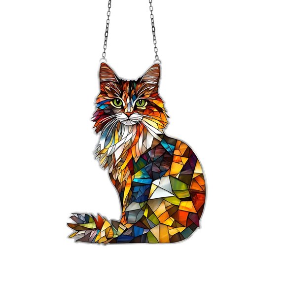 2 Packs 2D Colored Crystal Cat Hanging Ornament with Long Hair Design and Glass Lights for Home Decor Window Hanging Sun Catcher Gift for Cat Lovers