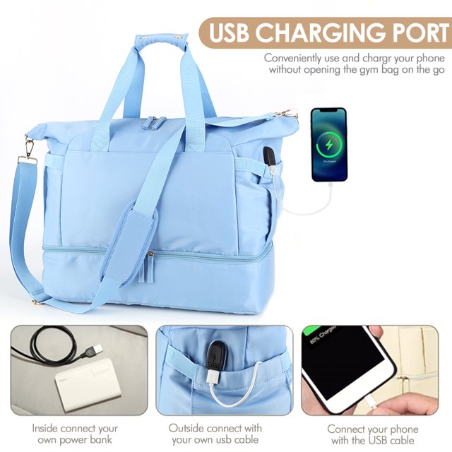 Bolsa De Deporte De Yoga Bolsa de lona para mujer, 3 uds., bolsa de equipaje de mano, bolsa de fin de semana de gran capacidad (azul claro) Likrtyny Para Estrenar