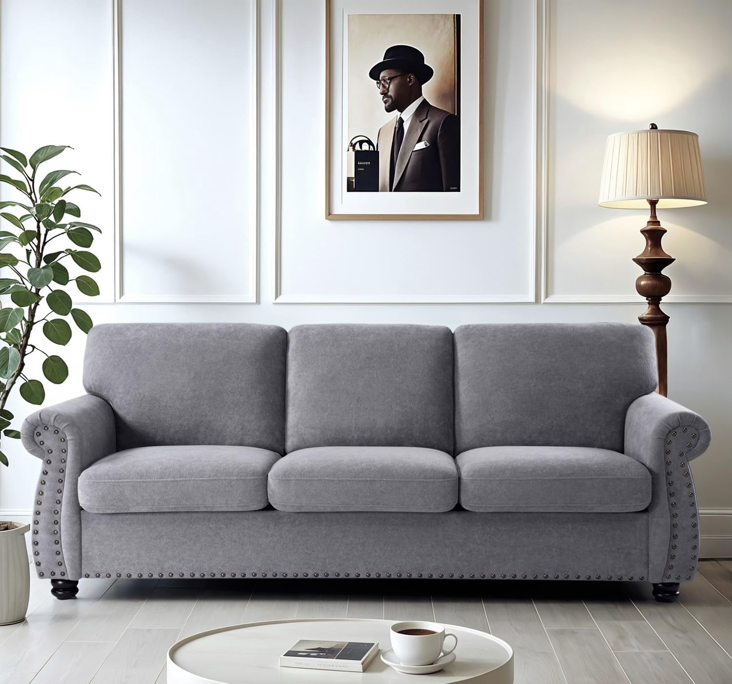 US Pride Furniture 91 in. Wide Rolled Arm Velvet Modern Rectangle Sofa in Grey For Home