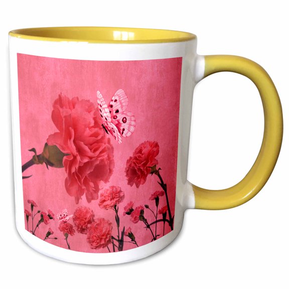 3drose, Pink Carnations Januarys Birth Flower with Butterflies Perfect for the January Birthday, 11oz Two-tone Yellow Mug