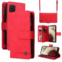 Feishell for Samsung Galaxy A12 6.5 inch Zipper Wallet Case with Wrist Strap & Shoulder Strap,Premium PU Leather Magnetic Clasp Flip Holder Card Slots Crossbody Phone Case for Women Men,Red