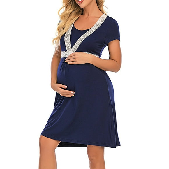 2025 Nightgowns for Women Maternity Soft Modal Sleepwear Solid Colour Lace Trim House Dress Short Sleeve Comfy Night Dress for Ladies Navy